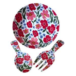3 pc Floral Melamine Salad Serving & Utensil Set 12in by Sunglow Style NEW